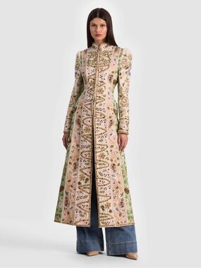 Alice and olivia Embroidered Floral Long Coat Jacket in Blush and Sage